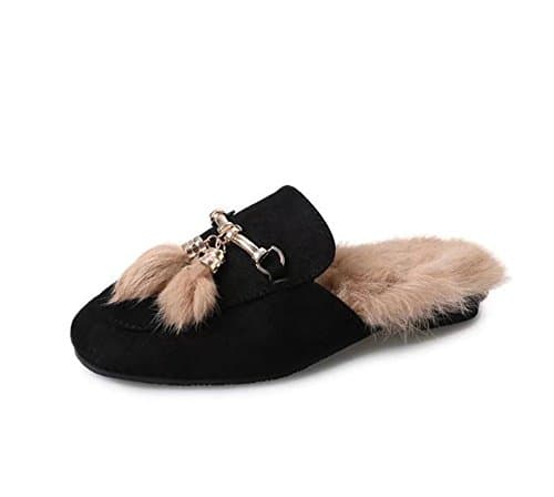 Yall Women's Slippers In Baotou Metal Buckle and Warm Women's Shoes,Black,38