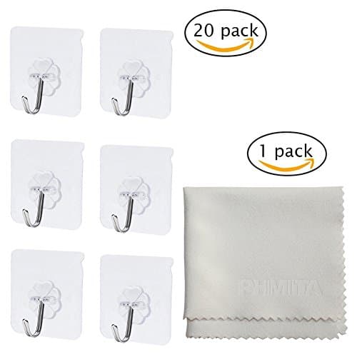 PHIMIITA Wall Hooks,Transparent Reusable Hooks Heavy Duty Waterproof Wall Hooks Nail Free 10kg Rotatable Hook Tip Max Super Adhensive Hooks for Kitchen Bathroom Door Ceiling Hanger (20 Pack)
