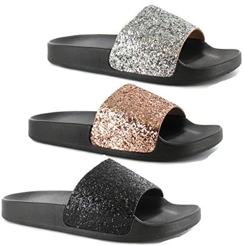 Ladies Womens Ella Slip On Glitter Sparkly Summer Mule Sandals Cushioned Footbed Beach Pool Shoes Size