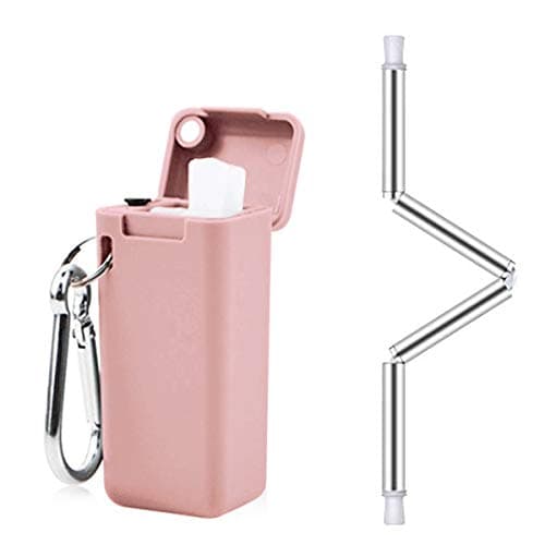 Collapsible Reusable Straw, Composed of Stainless Steel and Food-Grade Silicone, Portable Set with Hard Case Holder and Cleaning Brush, for Party, Travel, Household, Outdoor, etc (Pink)
