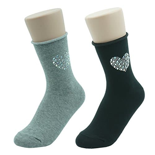 PnD Women's Rhinestones Heart Pattern Casual crew Socks 2-Pack (Grey 1 Pair , Black 1 Pair)