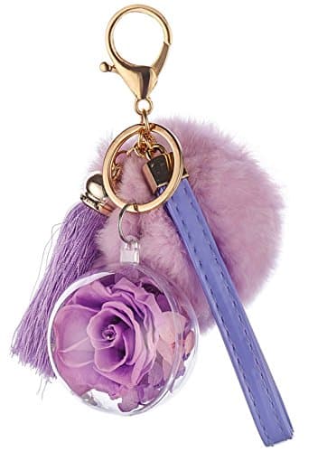 Fresh Rose Keychain Handbag and Purse Charm with Tassels and Rabbit Fur Pom Pom