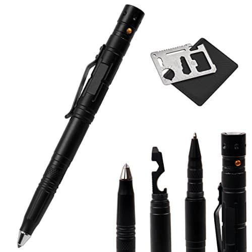 Tactical pen with LED flashlight, Multi 4 in 1 self defense Survival kits &amp; FREE Card Survival Tool - Aluminum Alloy, Emergency Survival Pens for Writing/ Self Defense/ Glass breaker (Black)