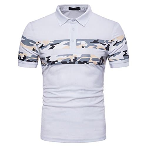 YoursLike Camouflage T Shirt for Men Buttons Design Short Sleeve Slim Fit Casual Blouse Tops (XXL, White)