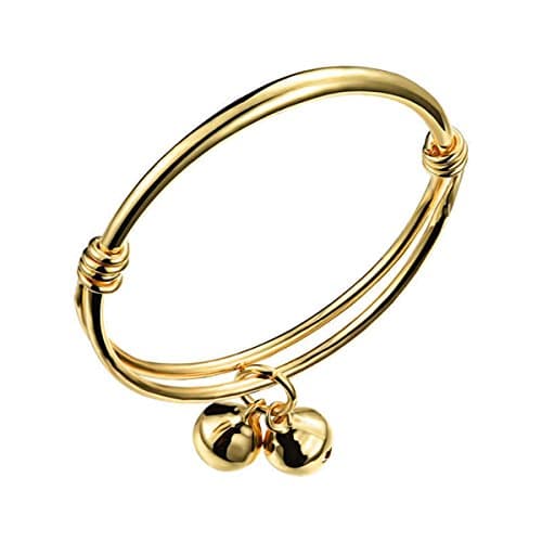 Tiffinys Jewelry 18K Gold Plated Expendable Bangle Bracelet for Baby with Bells 4.7"- 5.9"