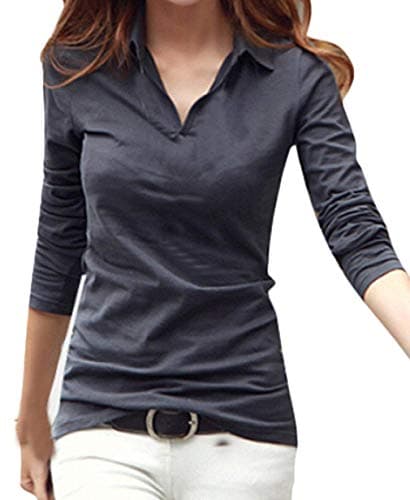 Smartprix Womens Cotton Long Sleeve t Shirts Solid Color Casual V Neck Polo T Shirt Tops