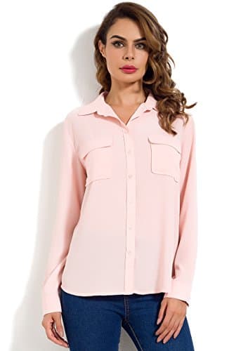MRLZ Women's Casual Loose Button Down Blouse with Pockets Long Sleeve Chiffon Shirt, Pink, Large, US10
