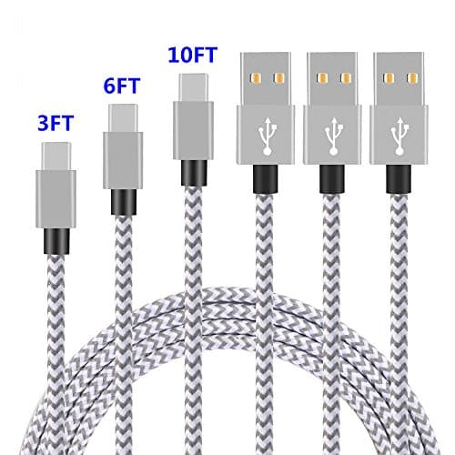 USB Type C Cable,THRRLY Nylon Braided USB A to USB C Long Cord Fast Charger Cable for Samsung Galaxy S9/S9 Plus/S8 Plus/Note 8,LG G6/G5/V20,New Macbook and more. (3Pack Silver+Gray 3FT+6FT+10FT)