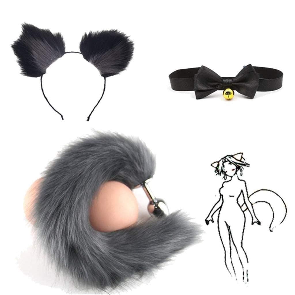 Cos- Ring Collar, Grey Fluffy B-ütt P-l-ǔ-g Fox Tail Plush and Multicolor Cat Ears Anime Set For Women Glamour Female Masquerade Props 3pcs Set Cosplay Costume Props ( Color : Black+Grey , Size : S )