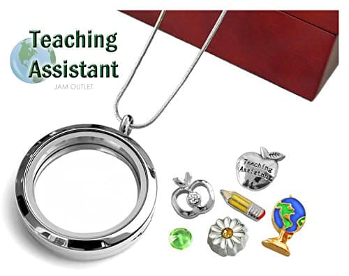 TEACHING ASSISTANT Memory Locket Pendant Set, Floating Charms, Sterling Plated Necklace, Gift Box