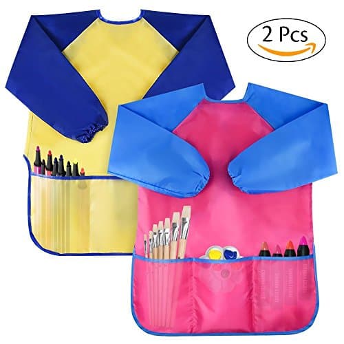 Kids Waterproof Artist Painting Aprons Long Sleeve with 3 Pockets,Children Art Smocks for Age 2-7 Years-Pack of 2