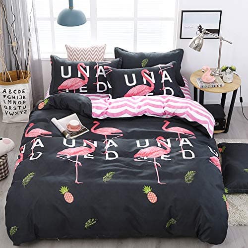 Kimko Flamingo Tropical Bedding Set-Kids Dark Comforter Cover,Hypoallergenic,Breathable -1 Duvet Cover Set + 1 Flat Sheet + 2 Pillowcases