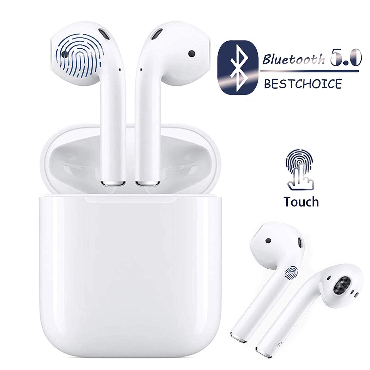 Bluetooth Earphones, True Wireless Earbuds 5.0 Bluetooth Headphones in-Ear Stereo Sports Headsets with Mic Binaural Calls,Touch Control, Easy-pair Total 24 Hours for iPhone Apple Airpods Android