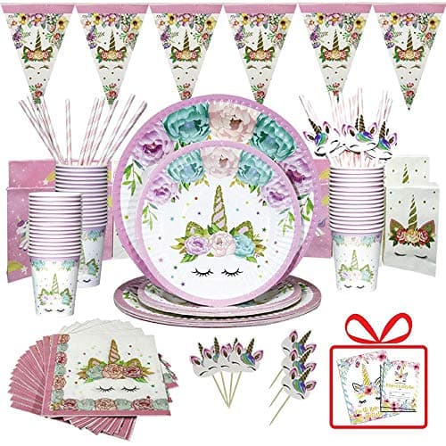 Unicorn Party Supplies/ALYN Birthday Party Favors Serves 16 / Include 110 Pieces Themed Party Decorations, Unicorn Cake Topper/Disposable yet eco friendly giving your girl memorable and fun party