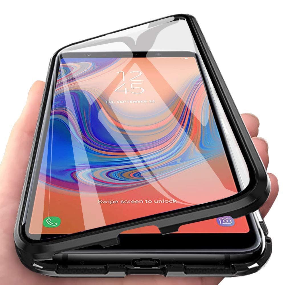 Oihxsetx Compatible for Galaxy A9 (2018) Magnetic Adsorption Double Side Tempered Glass Case,Ultra-Thin Magnetic Metal Frame Full Body Protection Cover Support Wireless Charging (Black)