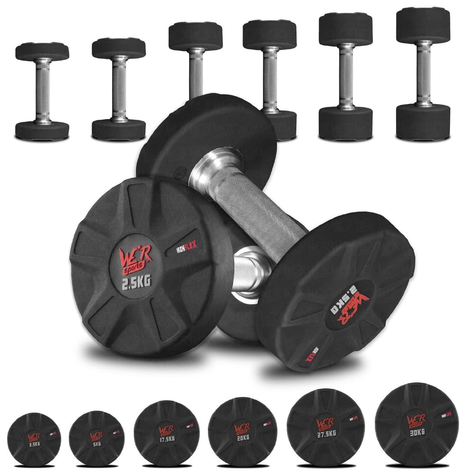 We R Sports IronFlex Rubber Encased Ergo Dumbbell Weights Gym Weight Lifting Fitness Workout 2.5kg To 50kg Sets (Pair)