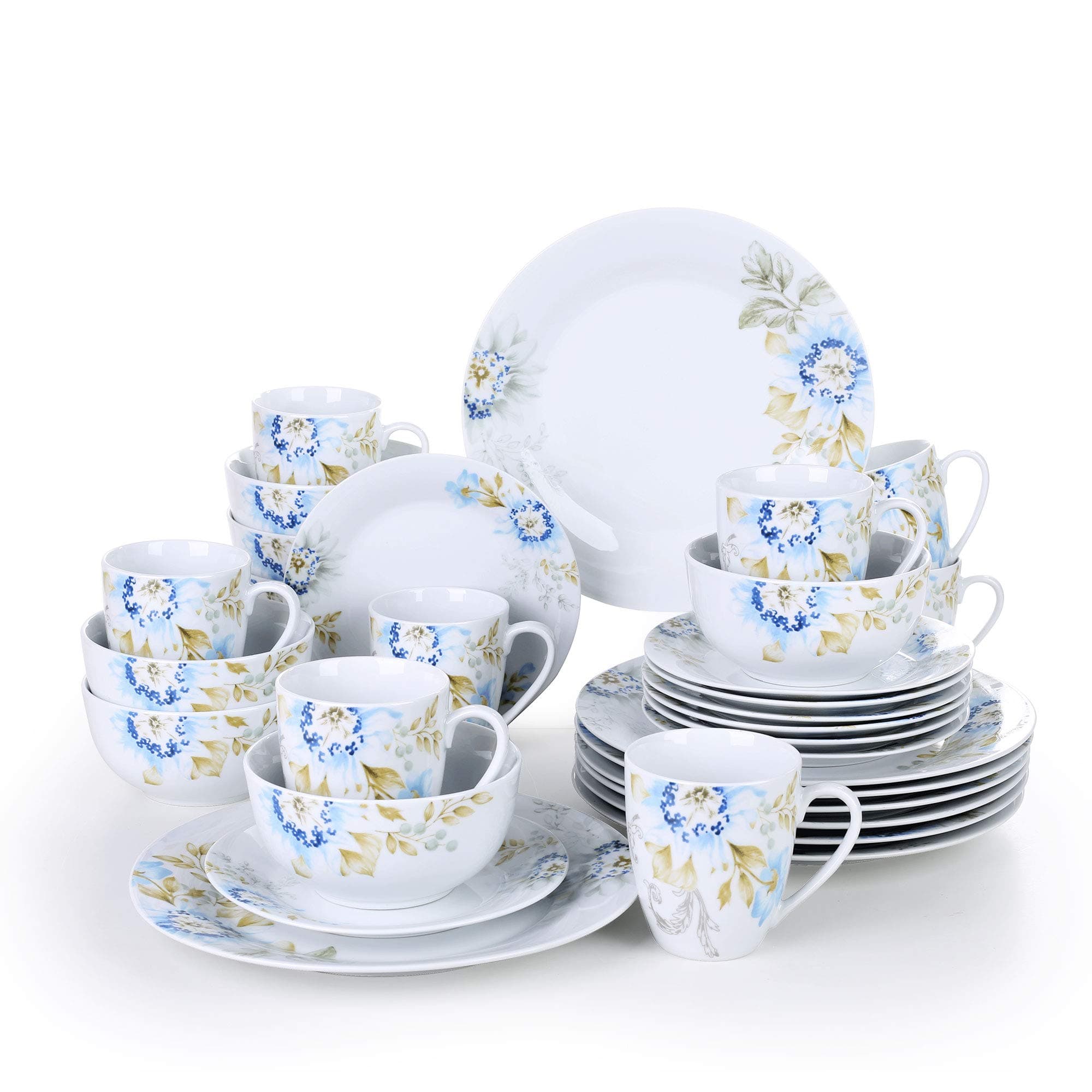 VEWEE, Series Montana, 32-Piece of Porcelain Combination Set with 10.75" Dinner Plate, 7.5" Dessert Plate, 5.5" Cereal Bowl and, 380ml Mug,Service for 8
