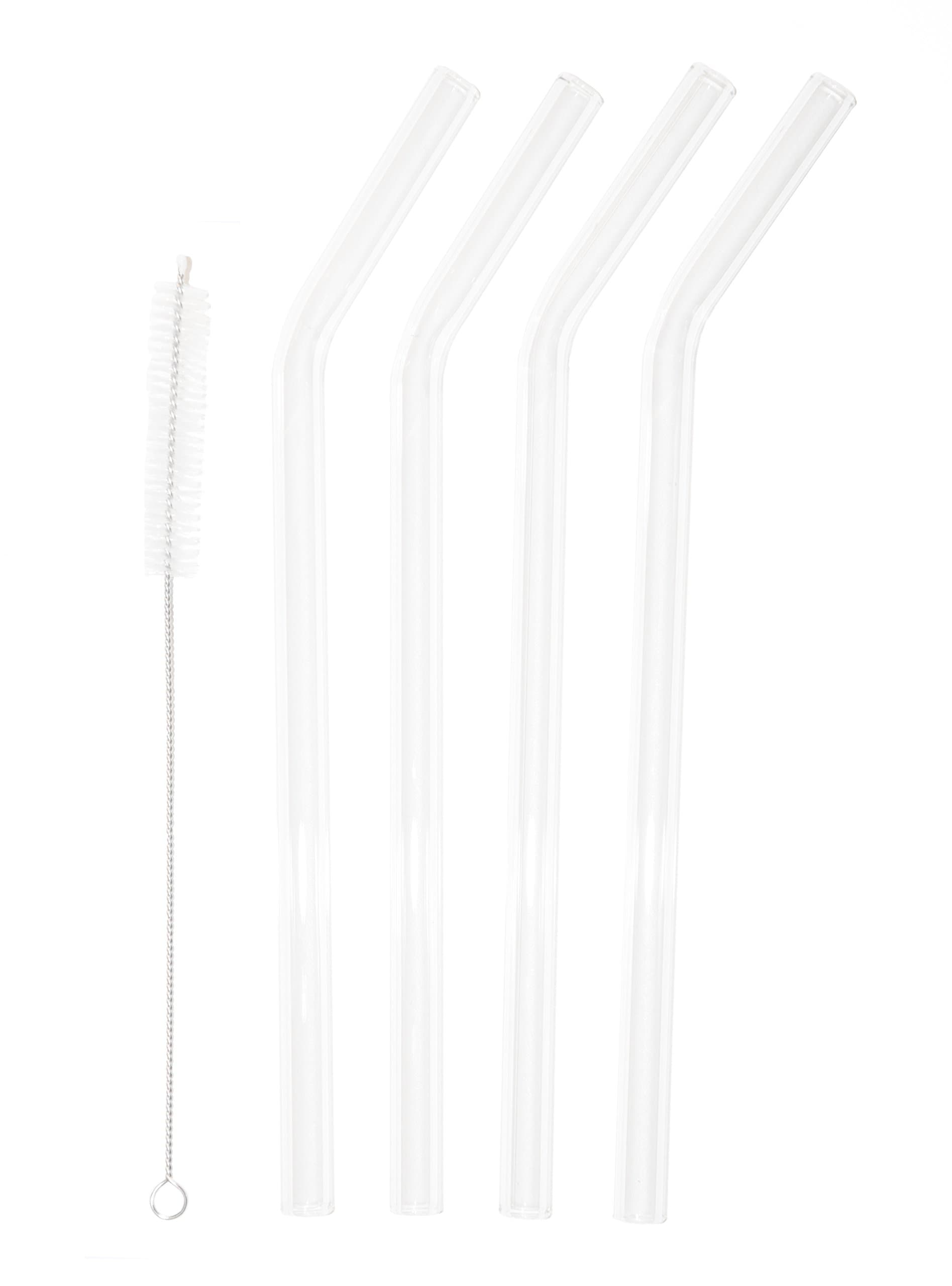 Reusable Glass Drinking Straws 4 Piece with Cleaning Brush | 9.5mm diameter | BPA Free | Non - Toxic | Great for Smoothies, Cocktails, (9.5" Bent)