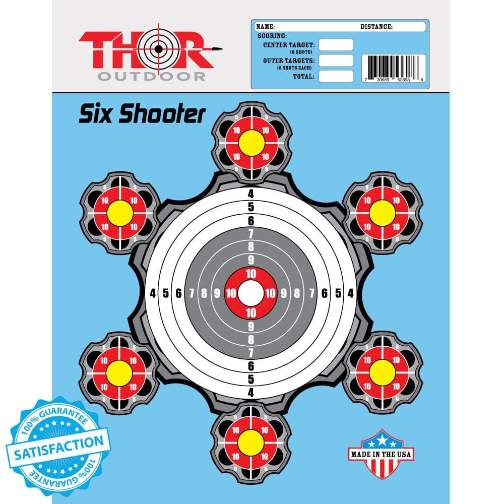 Six Shooter Paper Shooting Target by Thor Outdoor - 14 x 18 in - 7 Bullseye - Handgun, Pistol, Rifle, BB, Airsoft, Pellet Targets for Indoor / Outdoor Gun Ranges (Blue - 25 Pack)