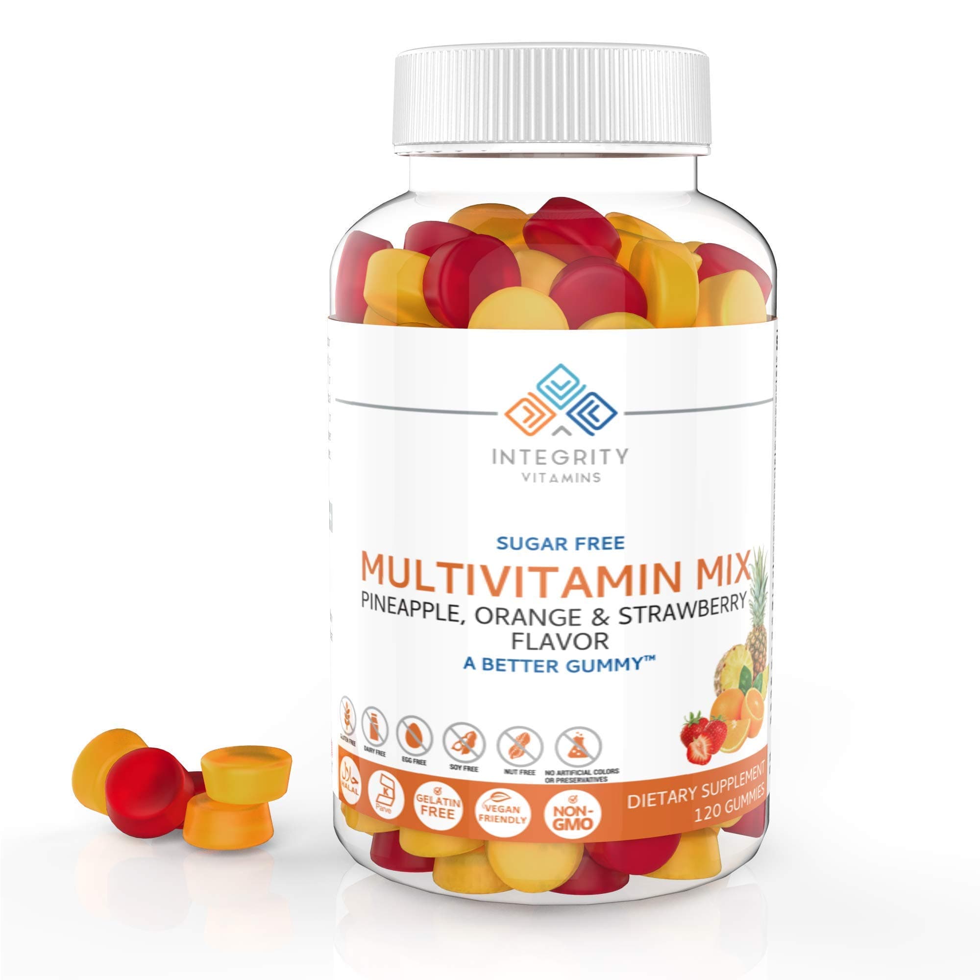 Integrity Vitamins Sugar Free Multivitamin Gummies, All Natural, Vegan, Sugar-Free, Gelatin Free, Pineapple/Orange/Strawberry Flavored Gummy Vitamins - 120 Count