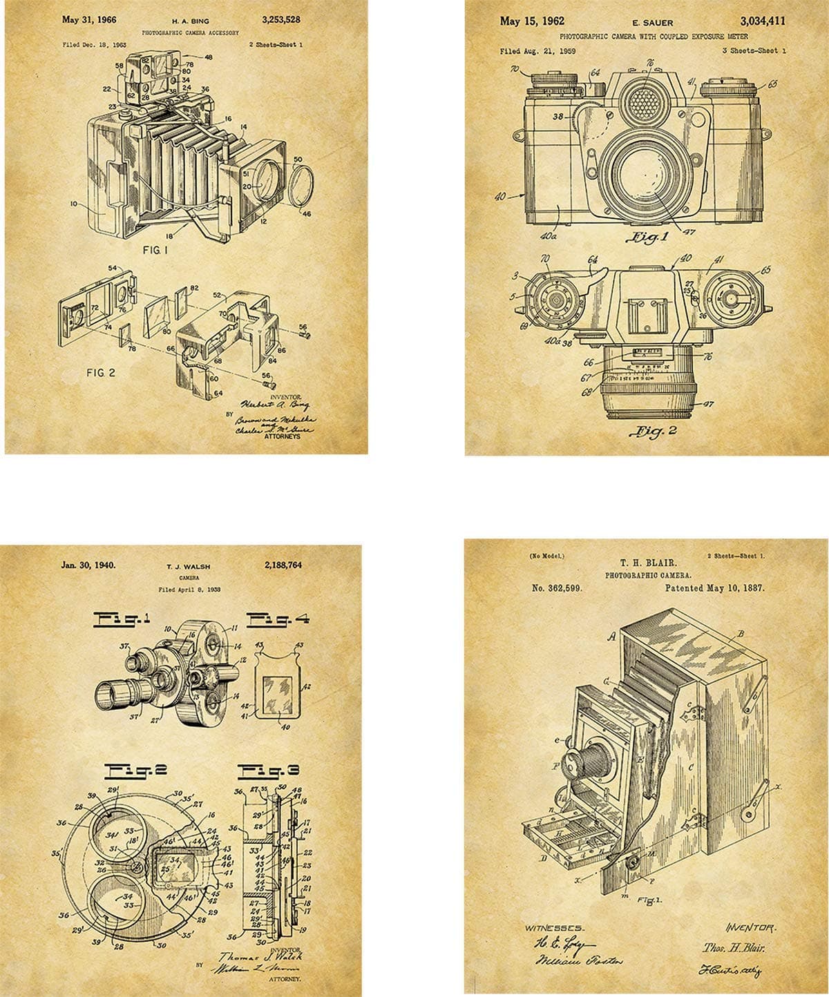 Antique Camera Patent Wall Art Prints - set of Four (8x10) Unframed - wall art decor for photographer