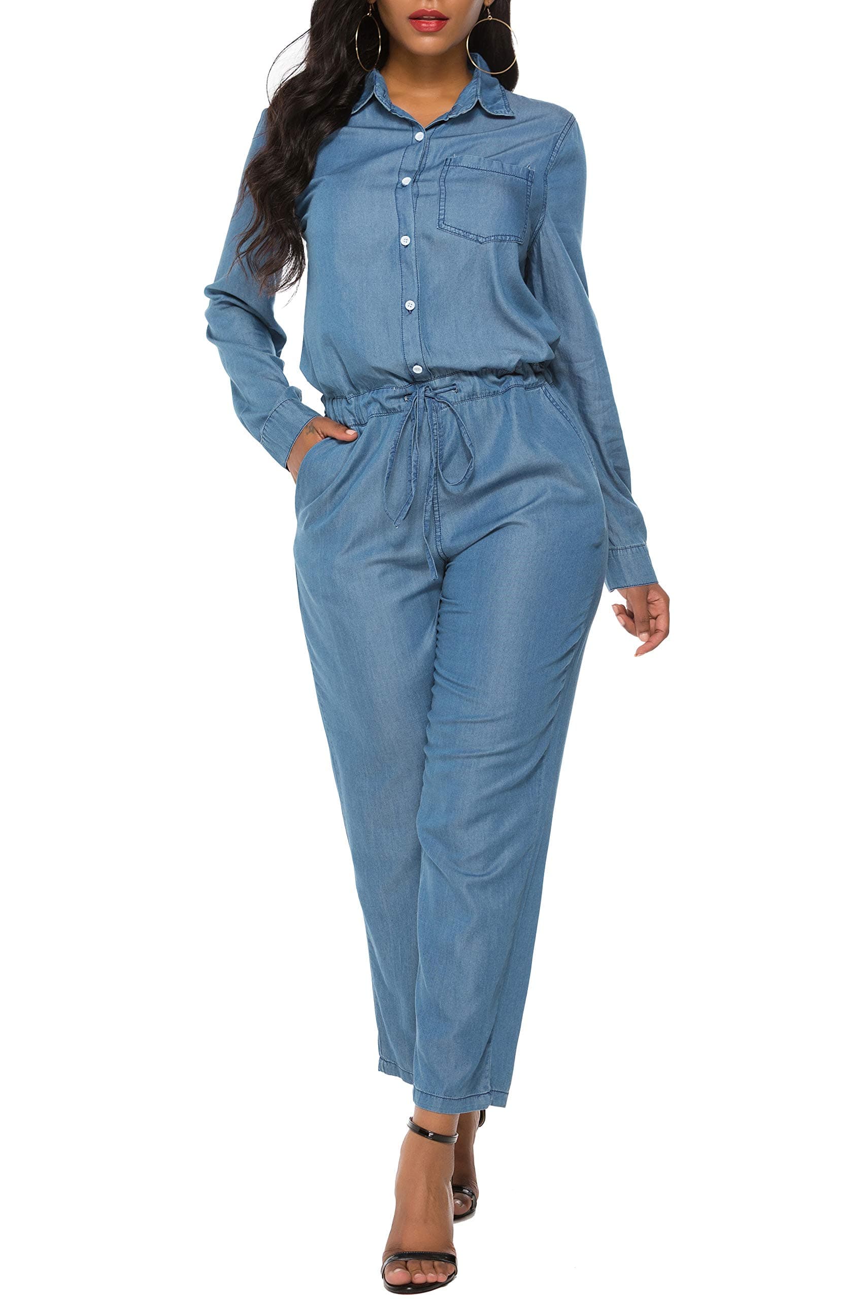 Fanvans Womens Casual Jumpsuit Long Sleeve Button Down Denim Rompers