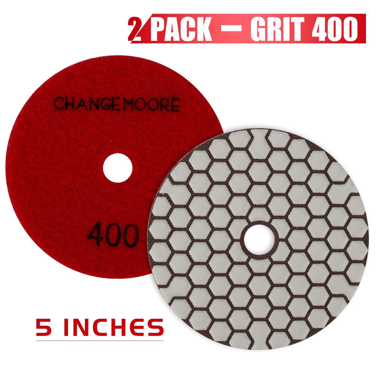 CHANGE MOORE Dry Diamond Polishing Pads 5" for Marble Granite Travertine Terrazzo Concrete Stones, 2 pack-Grit 400
