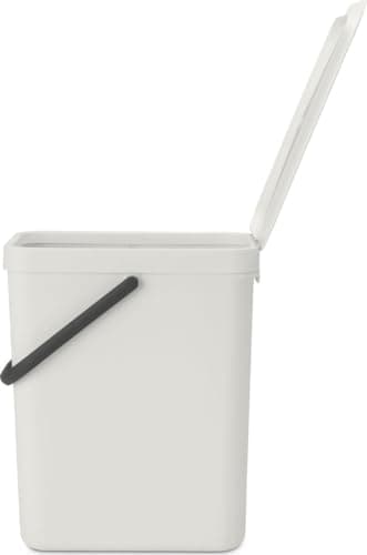 Brabantia Sort & Go Waste Bin 25L (Light Grey), Space-Efficient Plastic Recycle Container with Handle, Removable and Stay-Open Lid, Easy to Clean Kitchen Bin without Nooks and Rims