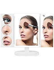butyface Lighted Makeup Mirror with 1x/3x/5x/10x Magnification, Trifold Vanity Mirror with 44 LED Lights, Touch Screen, Battery and USB Powered, 360° Free Rotation Countertop Cosmetic Mirror