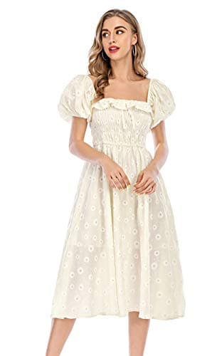 R.Vivimos Women's Casual A-Line Print Square Neck Puff Sleeve Dress Hem High Waist Midi Fitted Dress Vacation Dress