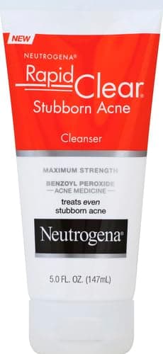 Neutrogena Rapid Clear Stubborn Acne Face Wash with 10% Benzoyl Peroxide Acne Treatment Medicine, Daily Facial Cleanser to Reduce Size and Redness of Acne, Benzoyl Peroxide Acne Face Wash, 5 Fl Oz