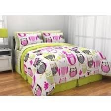 9pc Pink Green Owl Zebra Full Comforter, Sheet and Shower Curtain Set