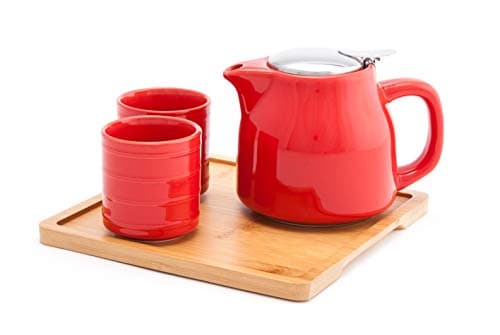 Fuji Merchandise Colorful Ceramic 20 fl oz Teapot with Two Matching Cups and Bamboo Tray Tea Set (Red)