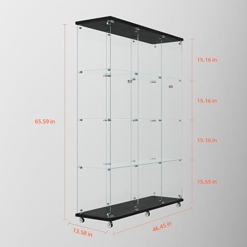 Modern Glass Display Cabinet 12-Shelf with LED Light,Lock and Wheels, 2 Door Curio Cabinets,Tempered Glass Collection Display Showcase for Living Room Home Office,46.8x13.5x65 H,Black