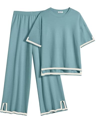 Ekouaer Lounge Set for Women Travel Outfits 2 Piece Sets Short Sleeve Sweater Top Wide Leg Long Pants Loungewear