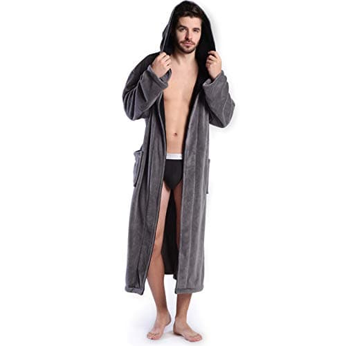 Hooded Men's Grey Soft Spa Long Bathrobe,Comfy Full Length Warm Nightdress