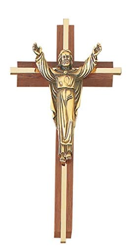 Walnut Wood Crucifix with Gold Tone Inlay Cross and Risen Christ Corpus, 8 Inch