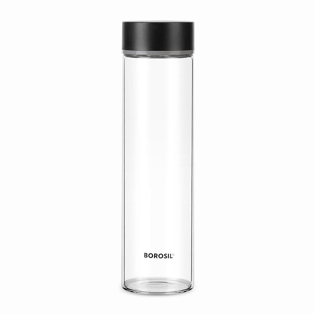 550ml Neo Water Bottle | Borosilicate Glass Wide Mouth Bottle for Fridge | Extreme Temperature Resistant For Hot & Cold Water, Milk, Lassi, Juice (Black Steel Lid)