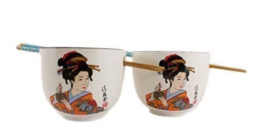 Pair Japanese Geisha Bowls with Chopsticks