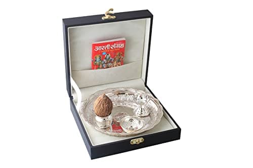 Pure Silver Puja Thali Set ( Plate + Katori +Diya +Loti ) Net Weight 105-110 Grams Approx for Rakhi,Diwali,Dhanteras,Navratri,Silver Puja Article
