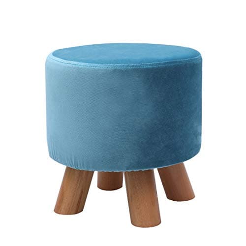Round Wooden Support Upholstered Footstool Ottoman Pouffe Padded Chair Stool with Removable Flannel Cover,4 Beech Legs (Blue)
