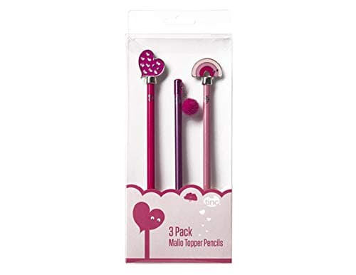 Tinc Mallo Pencil Toppers Pack of 3 Set with Case | for use at School & Homework | for Girls and Boys - 3 Different Fun Designs - Metal Character Top | Comes with Pencils - Pink