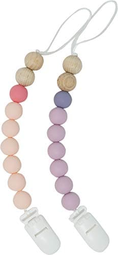 Meerkatto Silicone and Wooden Teether and Pacifier Clip, 2 Pack (Lily Oats - Pink)