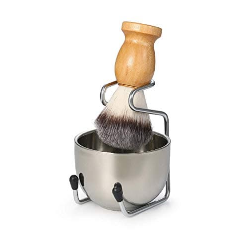 Vtrem Shaving Brush Set for Men 3 in 1 Nylon Bristles Hair Shaving Brushes with Natural Wood Handle, Stainless Steel Shaving Stand + Bowl Perfect for Wet Shave, Safety Razor