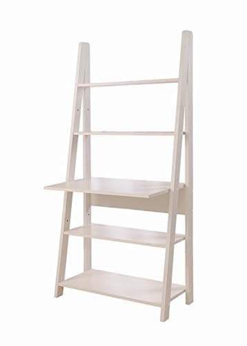 Timber Art Design Riva Ladder Bookcase with 5 Tier Shelves & Overhanging Desk Shelf in White