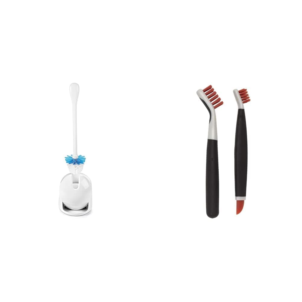 OXO Good Grips Hideaway Compact Toilet Brush, White & Good Grips Deep Clean Brush Set