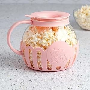 Patented Micro-Pop Microwave Popcorn Popper with Temperature Safe Glass, 3-in-1 Lid Measures Kernels and Melts Butter, Made Without BPA, Dishwasher Safe (Pink)