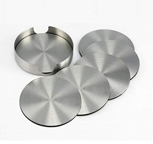 Nicedec Set of 6 Stainless Steel Drink Coasters with Rubber Back, 4 inch Large Size Wine Coasters plus A Stainless Steel Holder