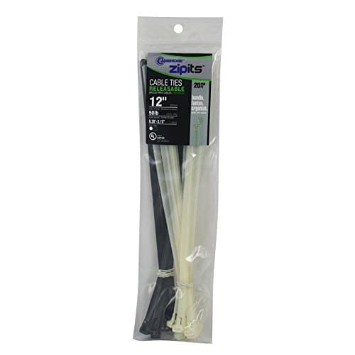 Cambridge ZipIts Releasable Nylon 6/6 UL Listed Cable Ties 20 Pack Assortment, Natural and UV Resistant Black, 12-in 50 Lb, 10 per Color, Contractor Quality and Strength