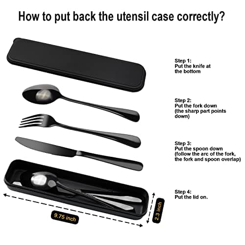 Portable Travel Utensils Set with Case 18/8 Stainless Steel Black Silverware Sets Include Knife Fork and Spoon with Case Reusable Flatware Sets for Lunch Box and Camping (Black)